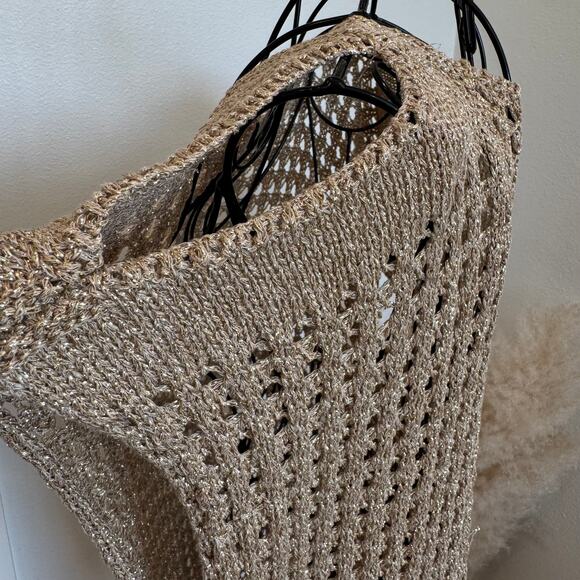 Italian Gold Woven Metallic Knit Pullover Cold Shoulder Tunic Cover-Up Top Dress - Picture 4 of 9